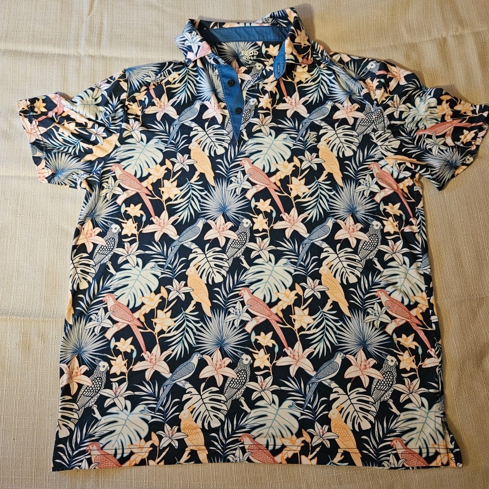 IZOD Golf Tropical‎ Floral Parrot Print Polo Shirt - Men's Size M